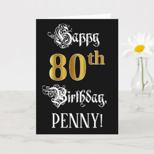 80th Birthday — Fancy Script; Faux Gold Look; Name Card