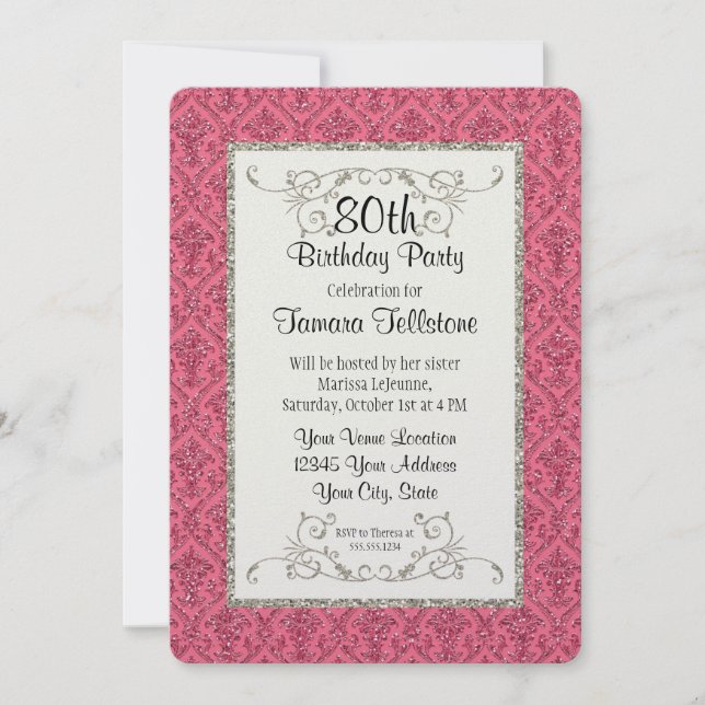 80th Birthday Faux Gold Glitter Damask Pattern Invitation (Front)