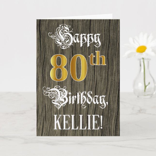 80th Birthday: Faux Gold Look + Faux Wood Pattern Card (Small Plant)