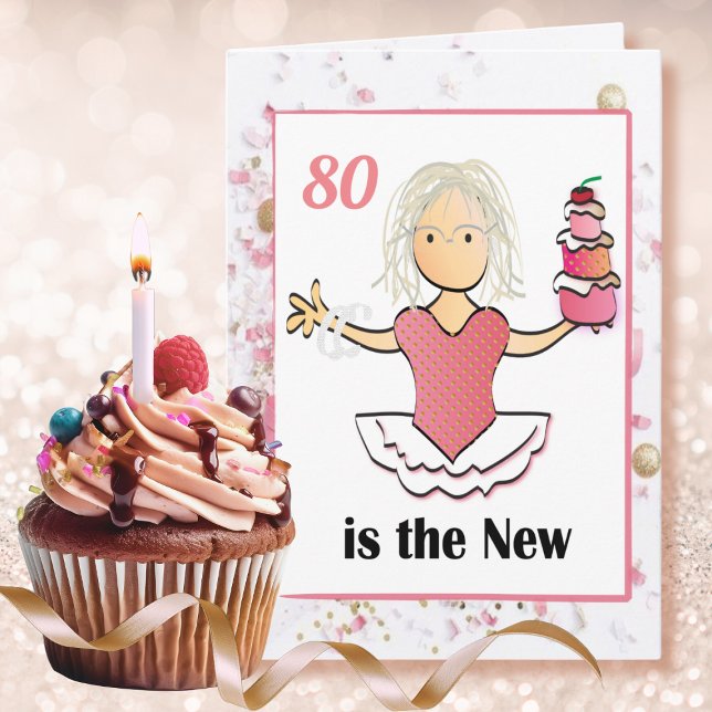 80th Birthday Female Cartoon Funny Sweet Pink  Card (Creator Uploaded)
