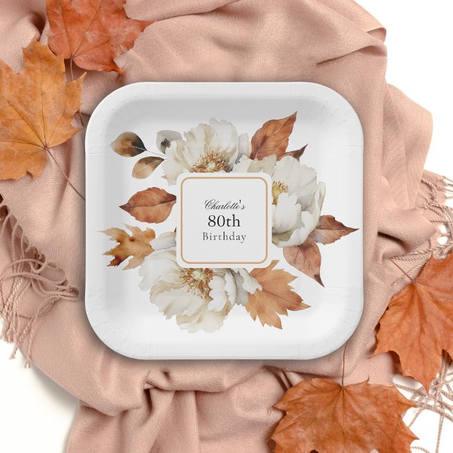 80th Birthday Feminine Fall Floral Paper Plate (Creator Uploaded)