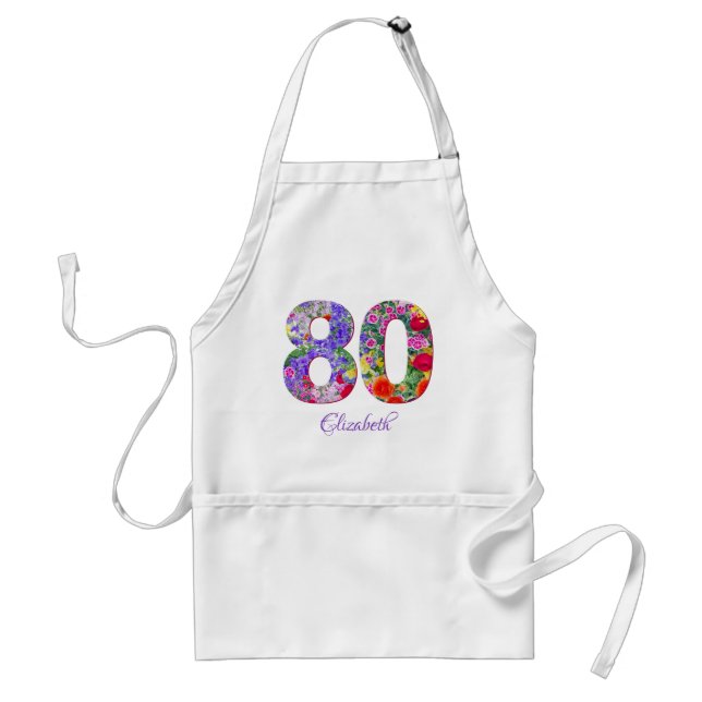 80th birthday floral colourful name adult apron (Front)