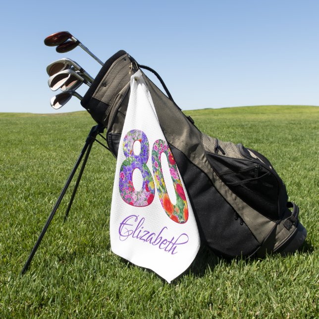 80th birthday floral colourful name golf towel (Green)