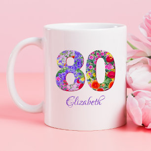 80th birthday floral colourful name mug
