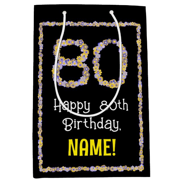 80th Birthday: Floral Flowers Number, Custom Name Medium Gift Bag (Front)
