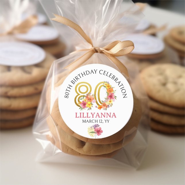 80th Birthday Floral Gold Number 80 Personalised Classic Round Sticker (80th Birthday Party favor stickers from my Floral Number Birthday Party Collection)