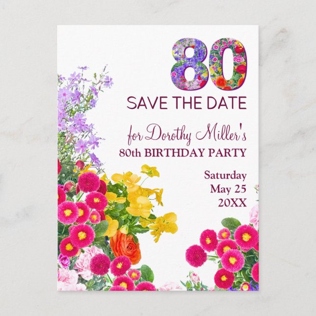 80th birthday floral modern 80 announcement postcard (Front)