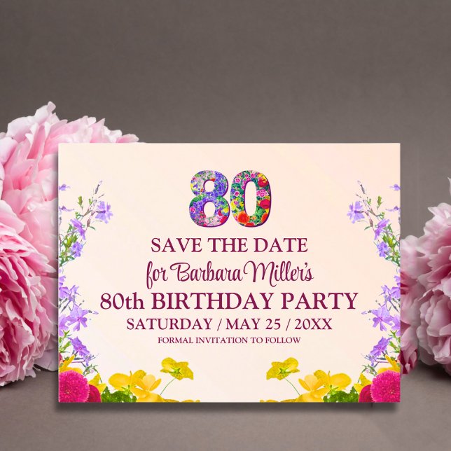 80th birthday floral modern 80 years party announcement postcard (Creator Uploaded)