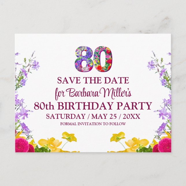 80th birthday floral modern 80 years party announcement postcard (Front)