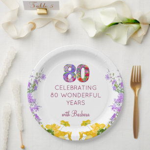 80th birthday floral modern 80 years party elegant paper plate