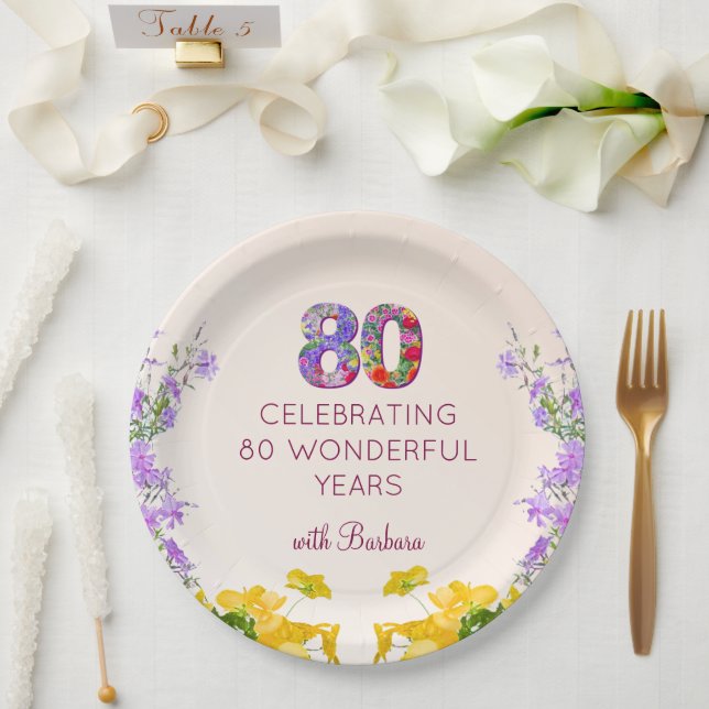 80th birthday floral modern 80 years party elegant paper plate (Wedding)