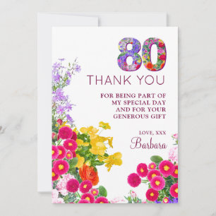 80th birthday floral modern 80 years party thank you card