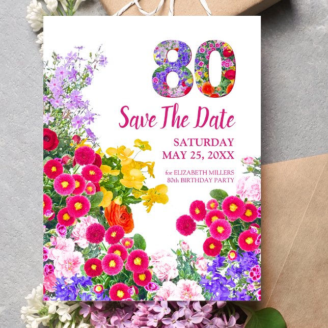 80th birthday floral modern Save The Date postcard (Creator Uploaded)