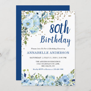 80th Birthday Floral Navy Blue Gold Glitter Dots Invitation