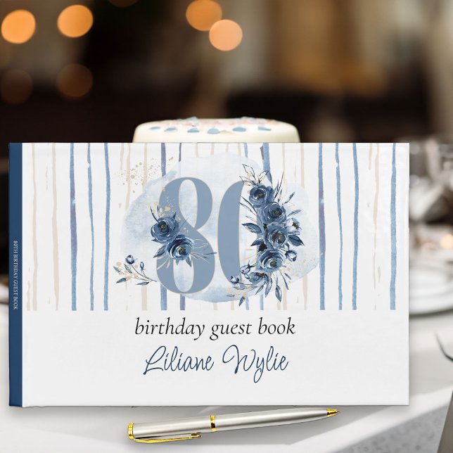 80th Birthday Floral Number Coastal Blue Guest Book (80th Birthday Guest Book from my Floral Number Milestone Birthday Collection)