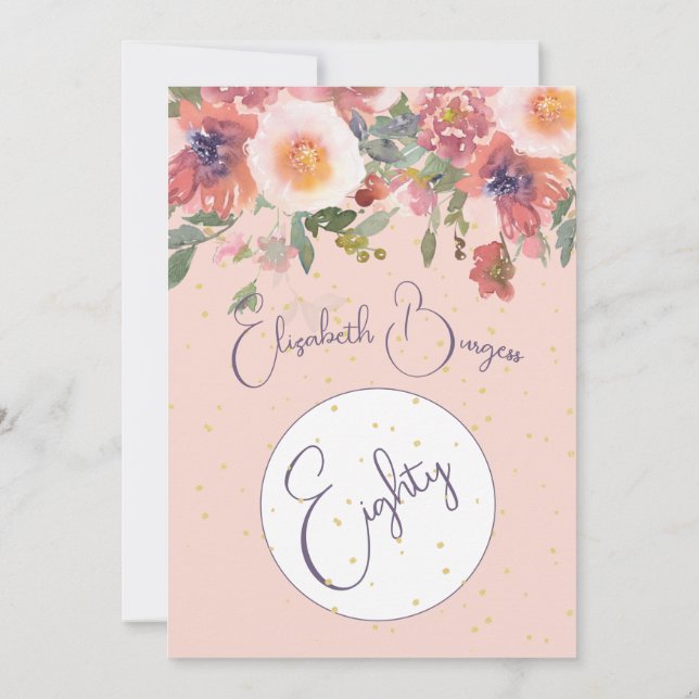 80th Birthday Floral Pink Rose Elegant Birthday Invitation (Back)