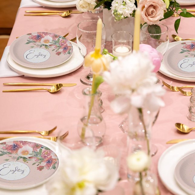 80th Birthday Floral Pink Rose Elegant Birthday Paper Plate (Creator Uploaded)