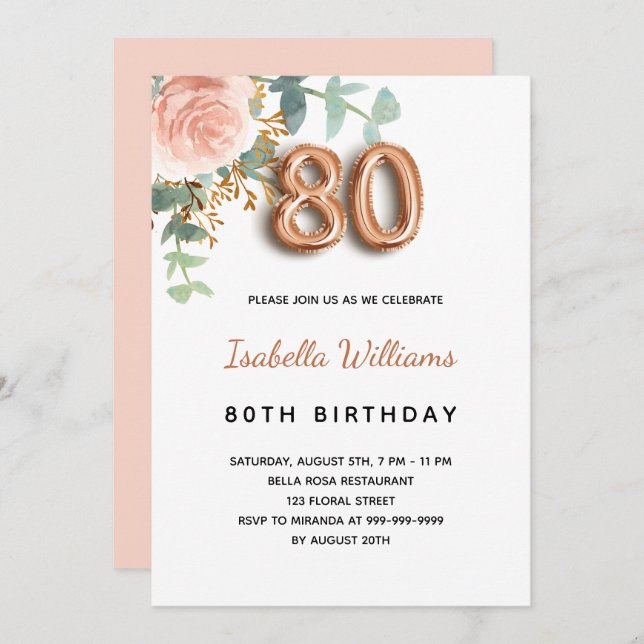 80th birthday floral rose gold eucalyptus greenery invitation (Front/Back)
