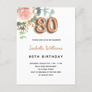 80th birthday floral rose gold eucalyptus greenery invitation postcard