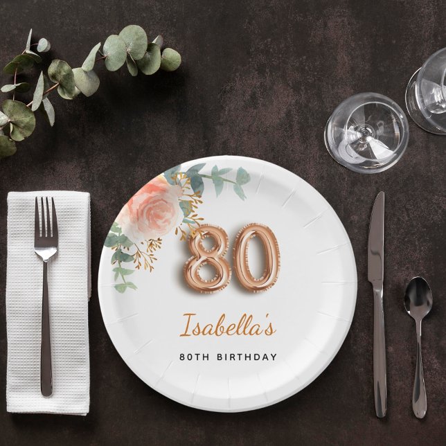 80th birthday floral rose gold eucalyptus monogram paper plate (Creator Uploaded)