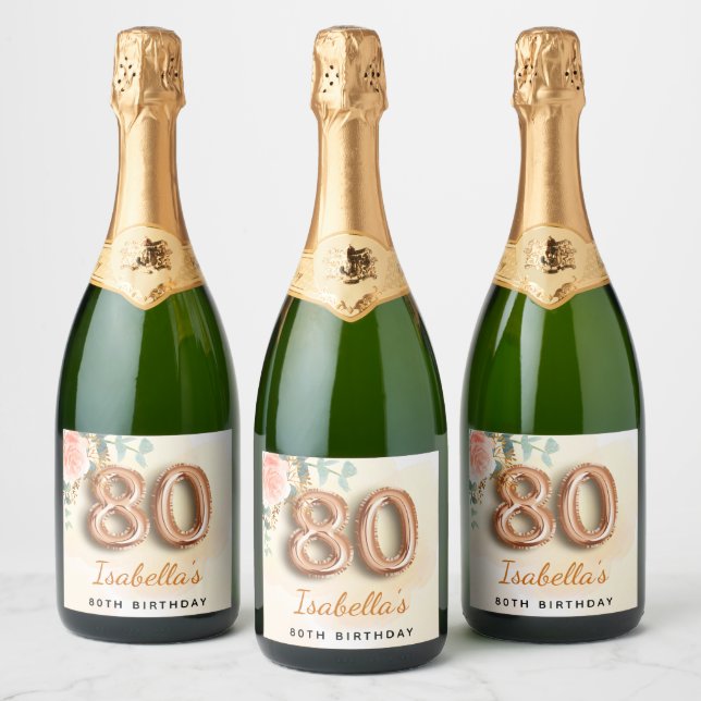 80th birthday floral rose gold eucalyptus monogram sparkling wine label (Bottles)