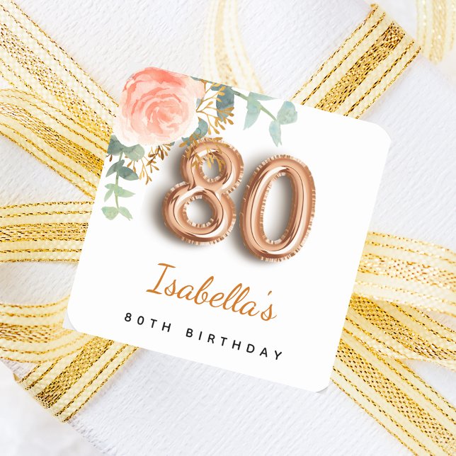 80th birthday floral rose gold eucalyptus monogram square sticker (Creator Uploaded)