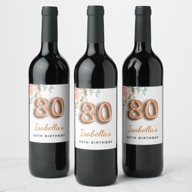 80th birthday floral rose gold eucalyptus monogram wine label (Bottles)