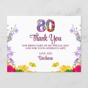 80th birthday floral thanks modern 80 years party postcard