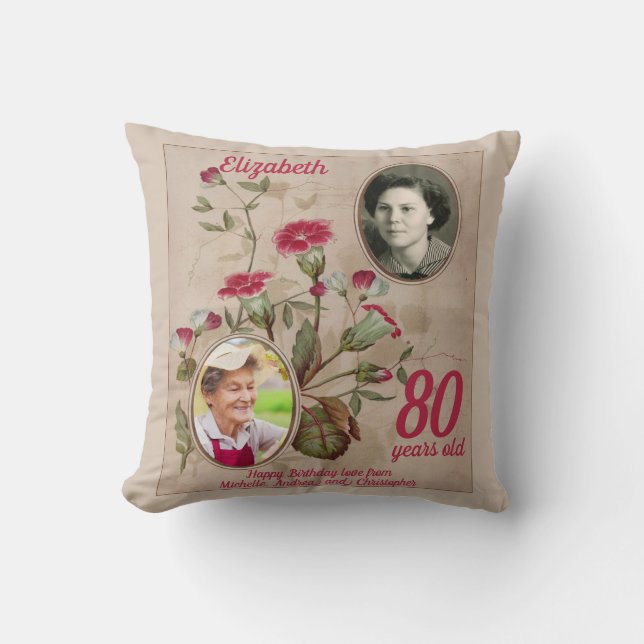 80th Birthday Floral Vintage Photo Cushion (Front)