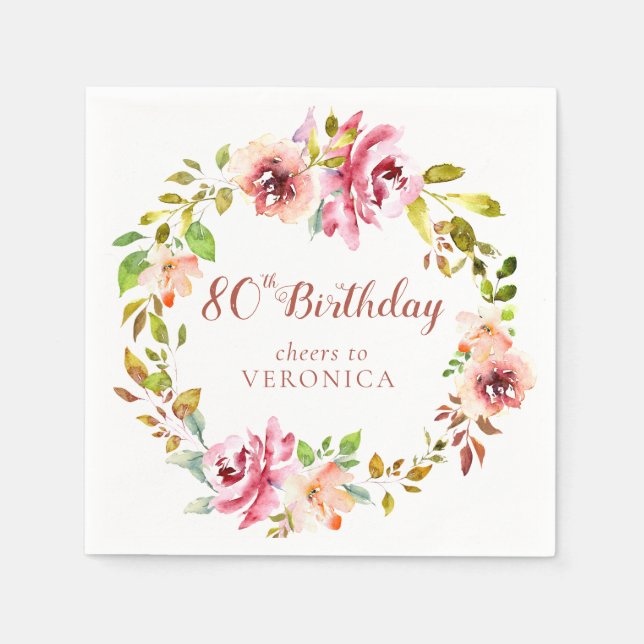 80th Birthday Floral Wreath Paper Napkin (Front)