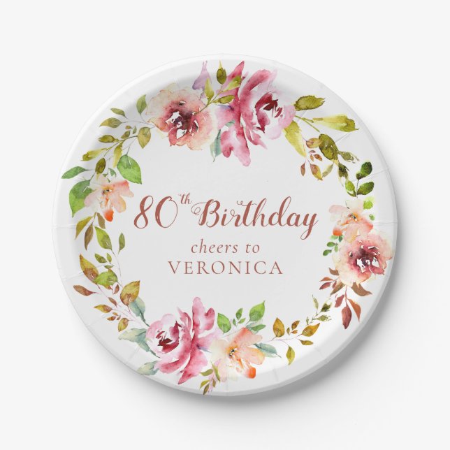 80th Birthday Floral Wreath  Paper Plate (Front)