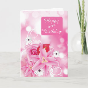 80th Birthday for Woman, Pink Flowers Card