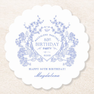 80th Birthday French Blue Floral Crest Custom Paper Coaster