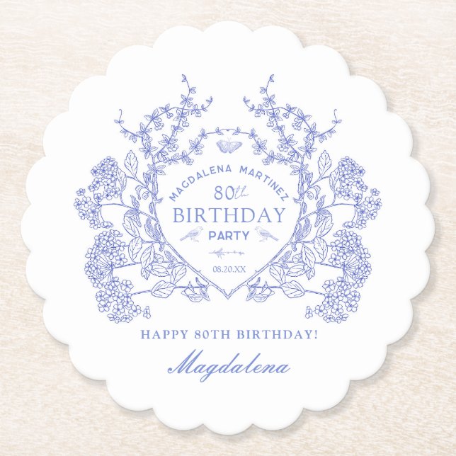 80th Birthday French Blue Floral Crest Custom Paper Coaster (Front)