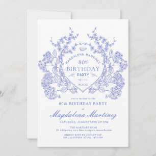 80th Birthday French Vintage Blue Floral Crest Invitation