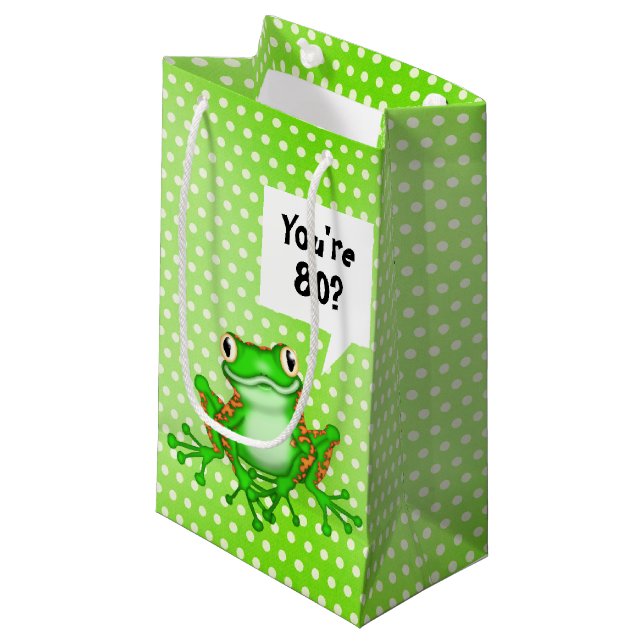 80th Birthday Frog on Polka Dots Small Gift Bag (Front Angled)