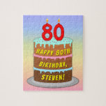 80th Birthday: Fun Cake and Candles   Custom Name Jigsaw Puzzle<br><div class="desc">This colourful and joyful birthday themed jigsaw puzzle design features a cartoon-style depiction of a three-tier birthday cake having numeral-shaped candles on top showing the number “80“, along with the message “HAPPY 80TH BIRTHDAY, ”, and a personalised recipient name. The background has a multicolored pastel rainbow spectrum inspired gradient pattern....</div>