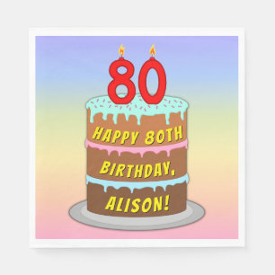 80th Birthday: Fun Cake and Candles + Custom Name Napkin
