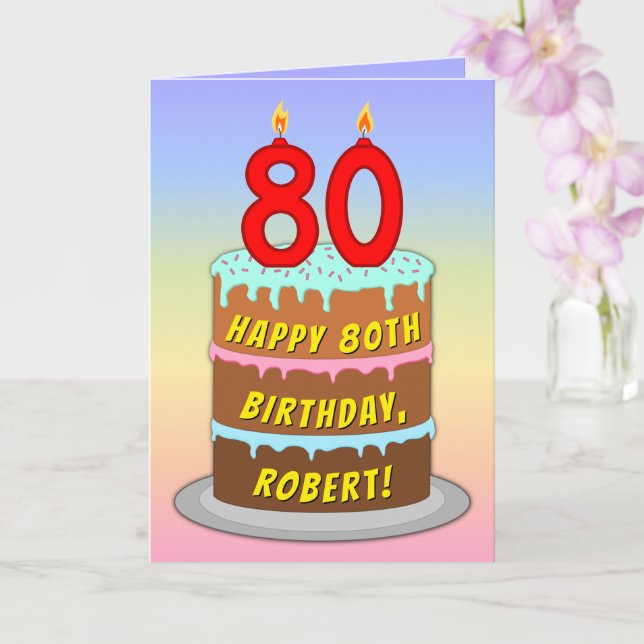 80th Birthday — Fun Cake & Candles, w/ Custom Name Card (Orchid)