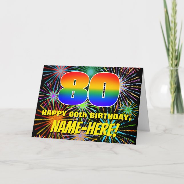80th Birthday: Fun, Colourful Celebratory Firework Card (Front)