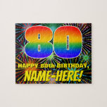 80th Birthday: Fun, Colourful Celebratory Firework Jigsaw Puzzle<br><div class="desc">This colourful and fun birthday jigsaw puzzle design features a large number “80” having a multicolored rainbow spectrum inspired gradient pattern. It also features the message “HAPPY 80th BIRTHDAY, ”, and an editable recipient name. The background has a vibrant, multicolored pattern that resembles bursting celebratory fireworks. An upbeat, personalised birthday...</div>
