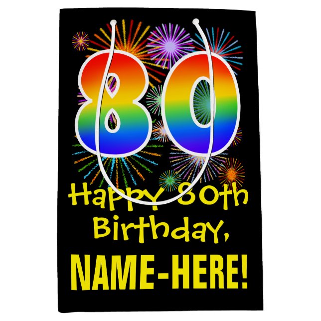 80th Birthday: Fun Fireworks Pattern + Rainbow 80 Medium Gift Bag (Front)