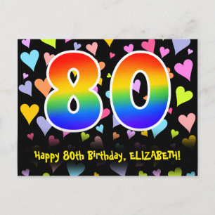 80th Birthday: Fun Hearts Pattern, Rainbow 80 Postcard