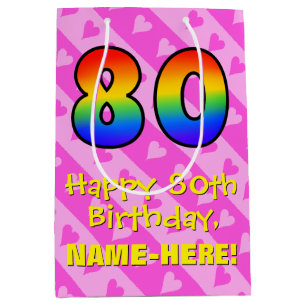 80th Birthday: Fun Pink Hearts Stripes; Rainbow 80 Medium Gift Bag