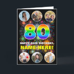80th Birthday: Fun Rainbow #, Custom Name & Photos Card<br><div class="desc">The front of this joyful and fun birthday greeting card design features the number “80“ with a vibrant multicolored rainbow spectrum inspired gradient pattern, along with the message “HAPPY 80th BIRTHDAY, ” and a custom name, on a pattern inspired by bursting multicolored fireworks. Near the top and the bottom of...</div>