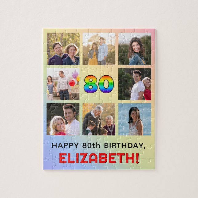 80th Birthday: Fun Rainbow #, Custom Name & Photos Jigsaw Puzzle (Vertical)