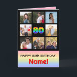 80th Birthday: Fun Rainbow #, Custom Photos   Name Card<br><div class="desc">The front of this upbeat and fun birthday themed greeting card design features the number “80“ with a vibrant multicolored rainbow spectrum inspired gradient pattern, along with the message “HAPPY 80th BIRTHDAY, ” and a custom recipient name. The photos surrounding the rainbow-patterned number on the front can be personalised, perhaps...</div>