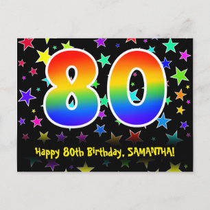80th Birthday: Fun Stars Pattern, Rainbow 80, Name Postcard