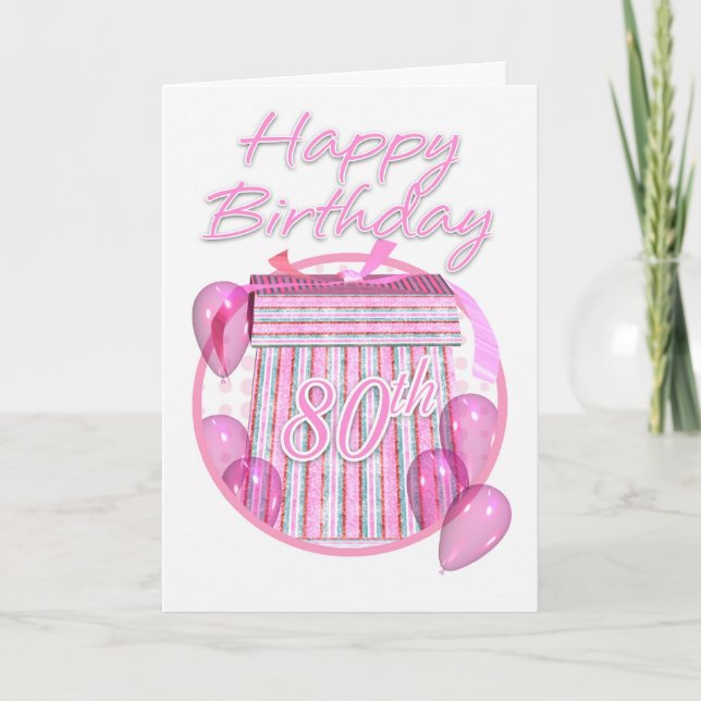 80th Birthday Gift Box - Pink - Happy Birthday Card (Front)