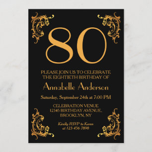 80th Birthday Glam Modern Gold Black Vintage Retro Invitation